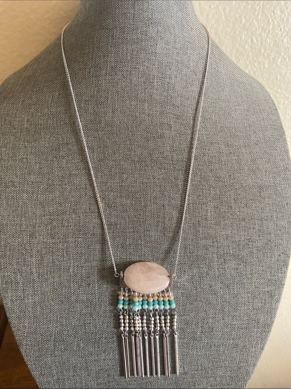 Vintage Rose Quartz Stone South West Style Fringe Necklace